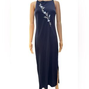 Vintage 1990’s City Triangles Navy Blue/floral embroidered Maxi Dress EUC SZ 9